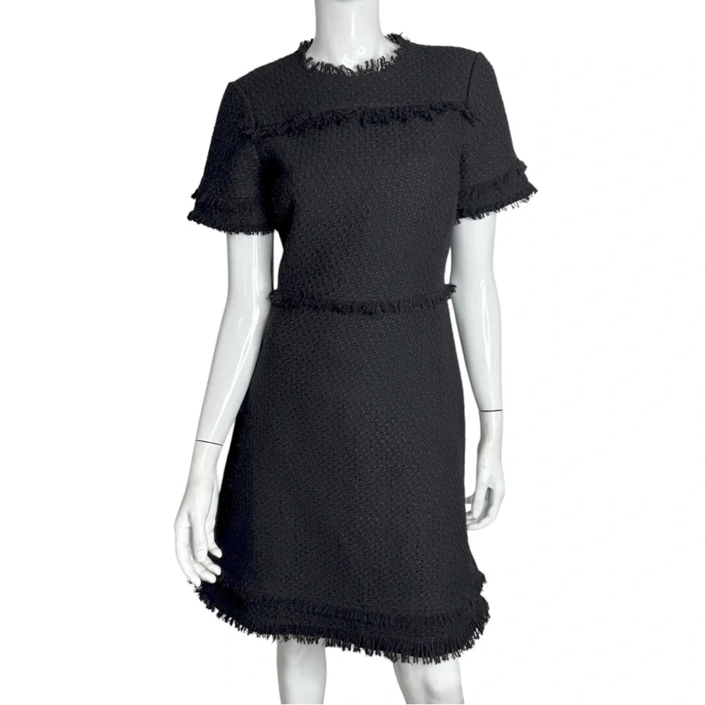 Kate Spade Black and Fringe Short Sleeve A-Line Tweed Midi Dress